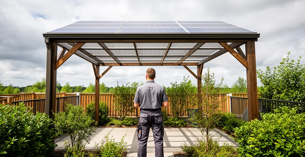 Técnico evaluando sombras en pérgola solar con paneles fotovoltaicos