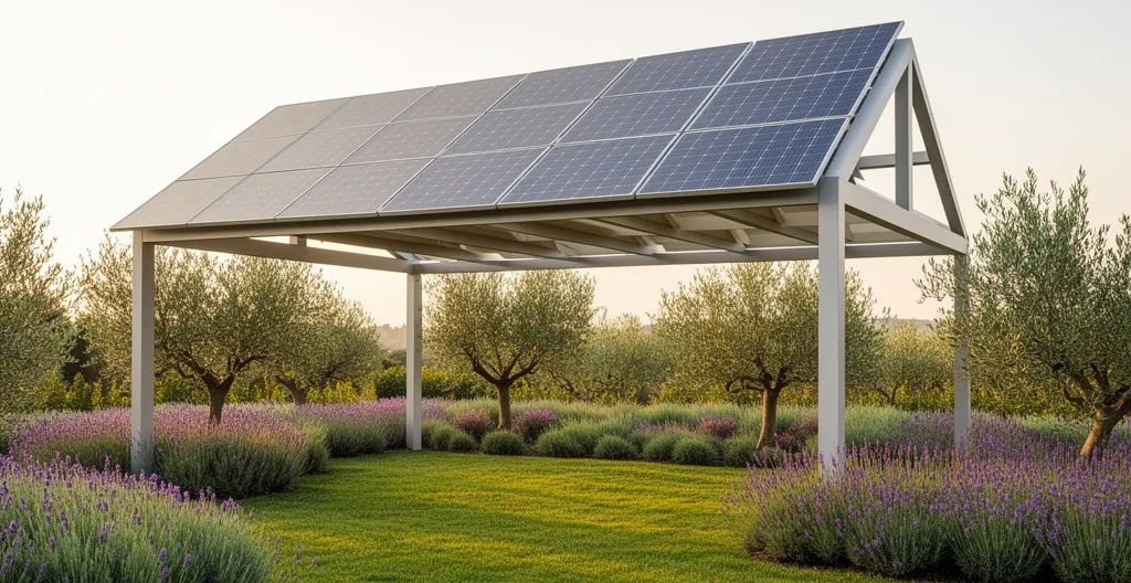 Pérgola solar instalada en jardín con paneles fotovoltaicos integrados