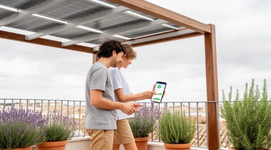 Pérgola solar con paneles fotovoltaicos en terraza residencial española