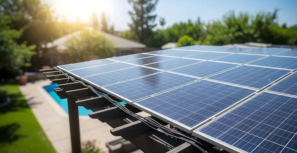 Técnico evaluando sombras en pérgola solar con paneles fotovoltaicos